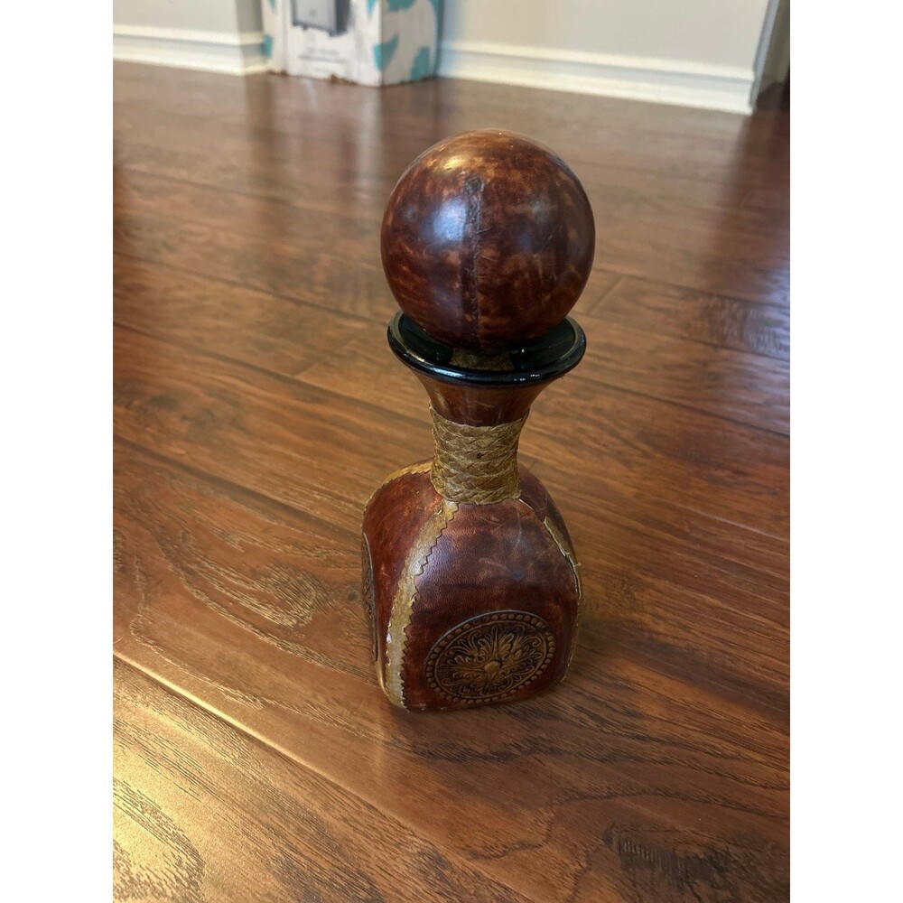 Vintage leather decanter bottle wine antique brown embossed cork glass